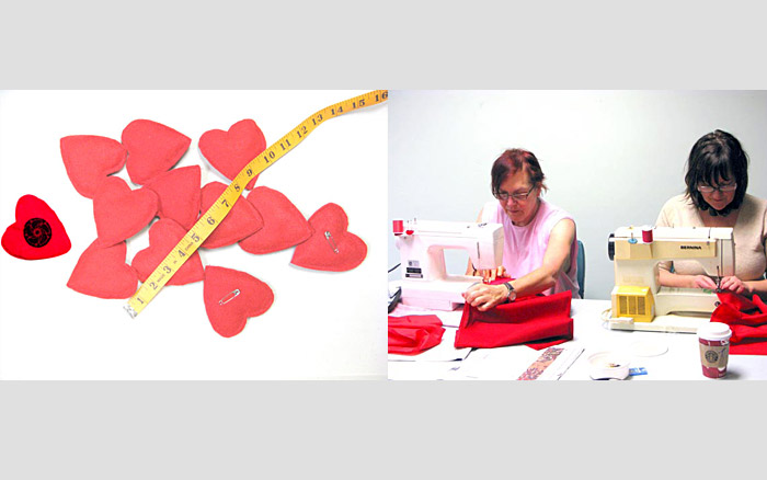 December 6th | Making felt heart pins and Lady Justice and Pamela sewing, 2009